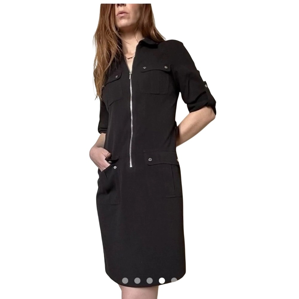 Michael Kors Black Utility Shirt Dress Zip Front Pockets 3/4 Sleeve Size‎ 8